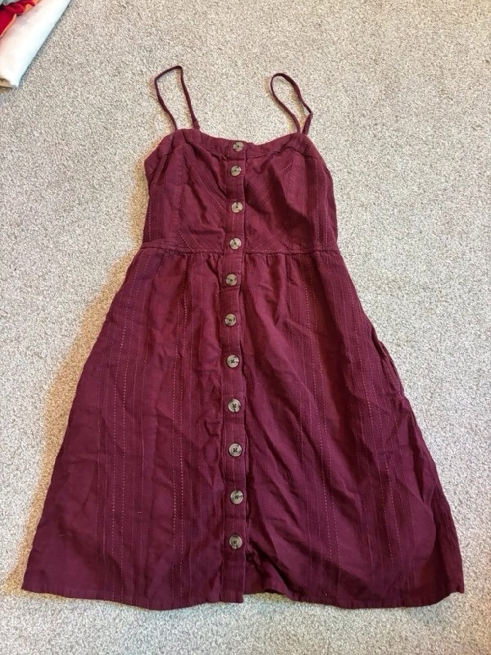 Spaghetti Strap Burgundy Button-Front Midi Dress